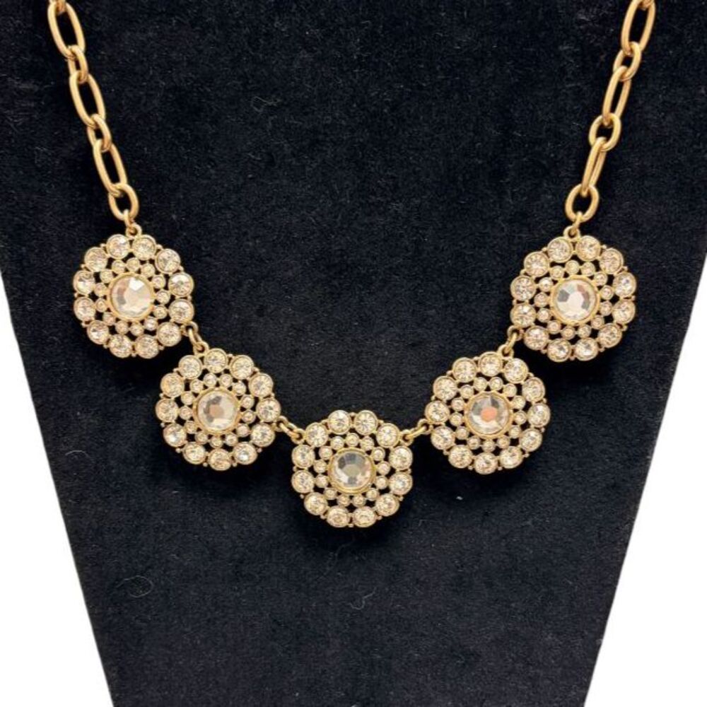 J.Crew Crystal Flower Rosette Medallion Statement Collar Necklace Gold Tone